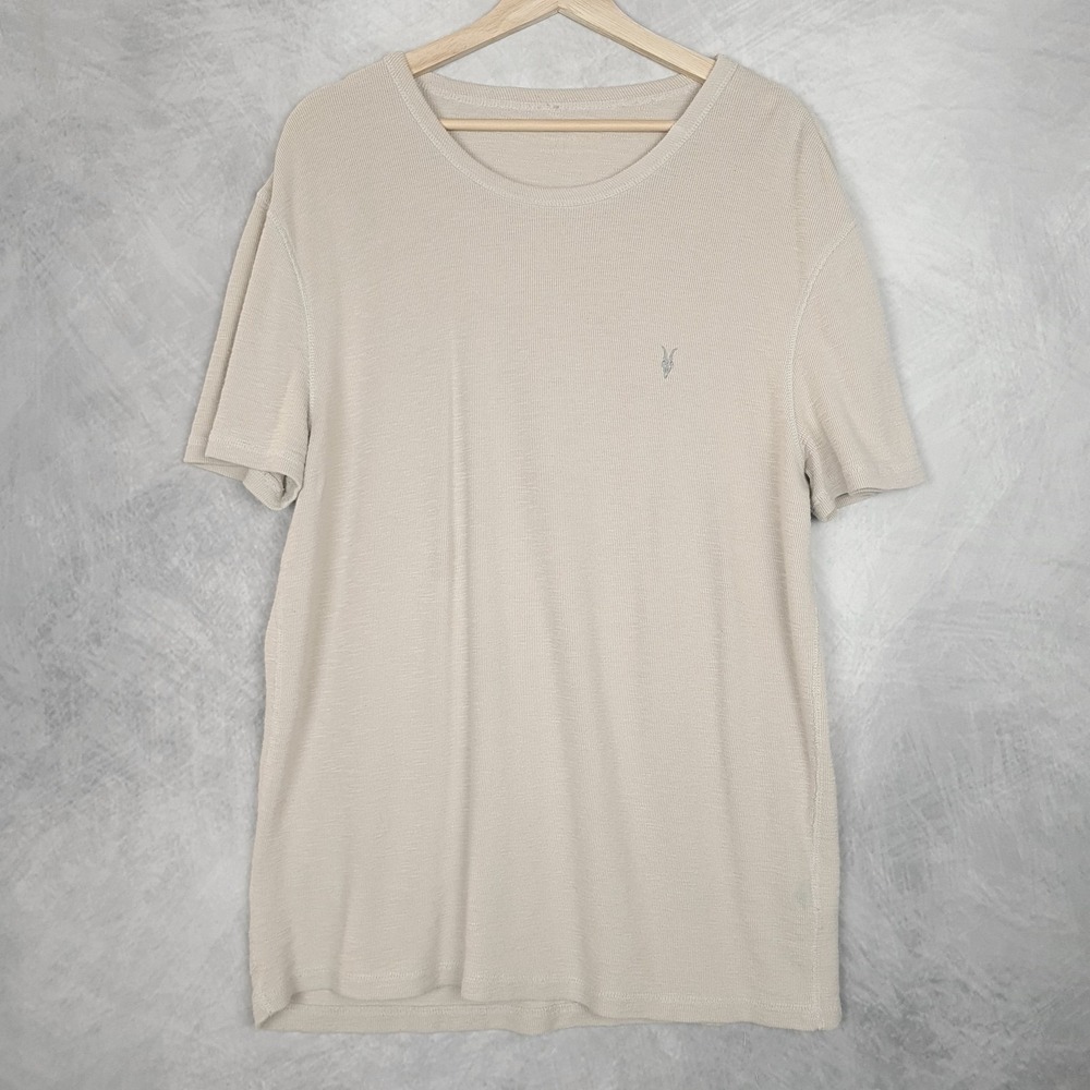 AllSaints Shirt Mens Large Beige Waffle Knit Logo Crewneck Esum T Shirt
